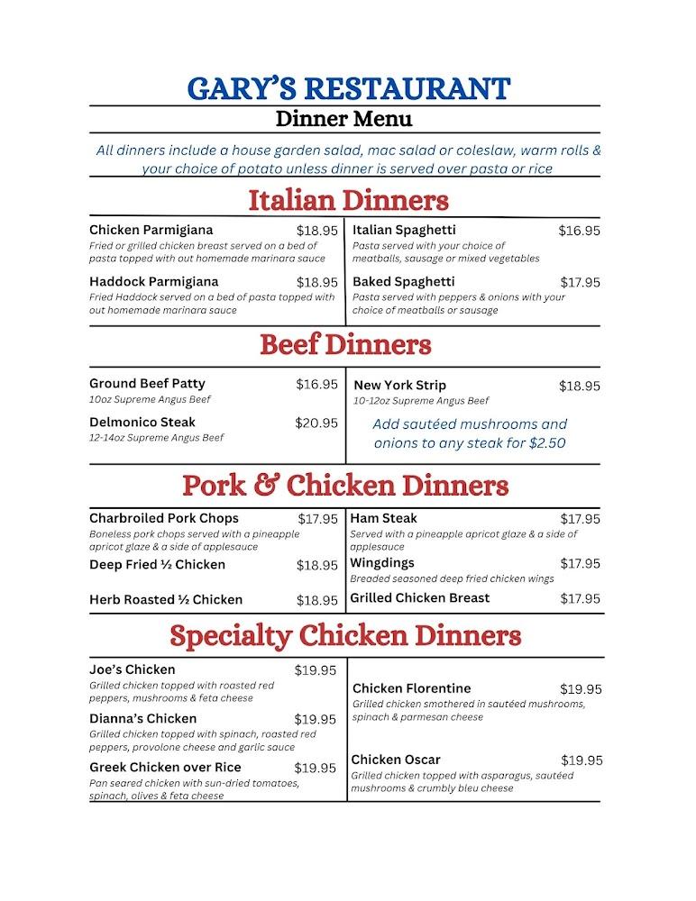 Gary's Restaurant Menu image 1